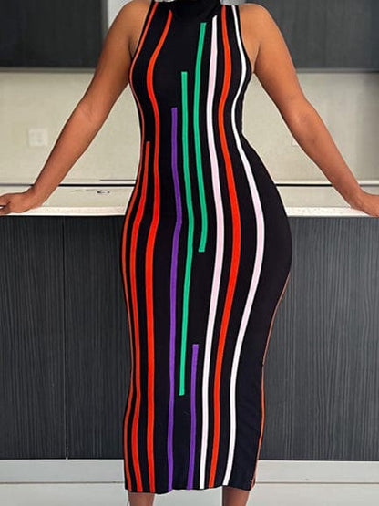 Alpha C Apparel Women's Turtleneck Striped Bodycon Midi Dress Dresses Alpha C Apparel S / Black