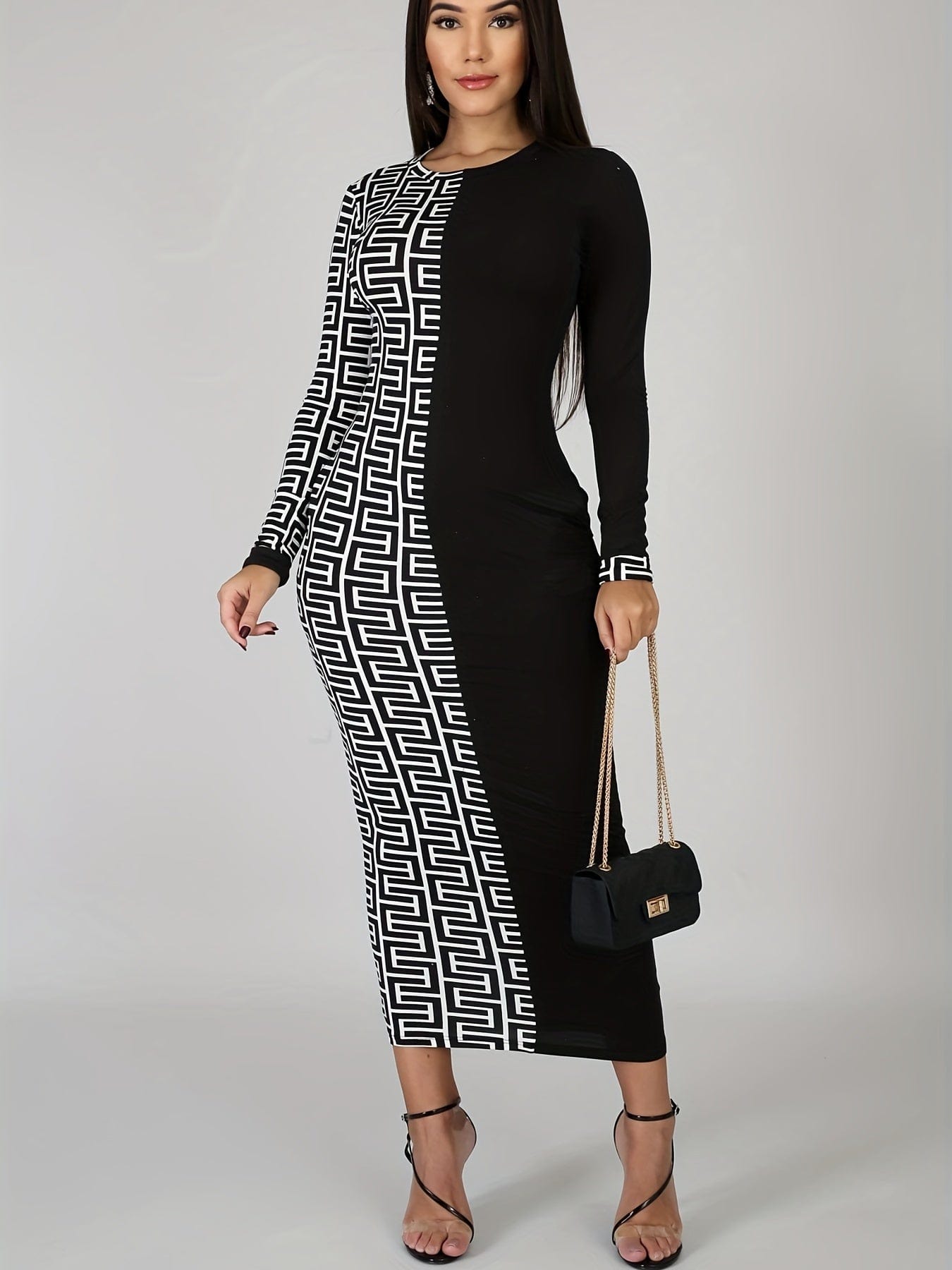 Geo Print Contrast Dress, Elegant Long Sleeve Bodycon Dress, Women's Clothing Alpha C Apparel