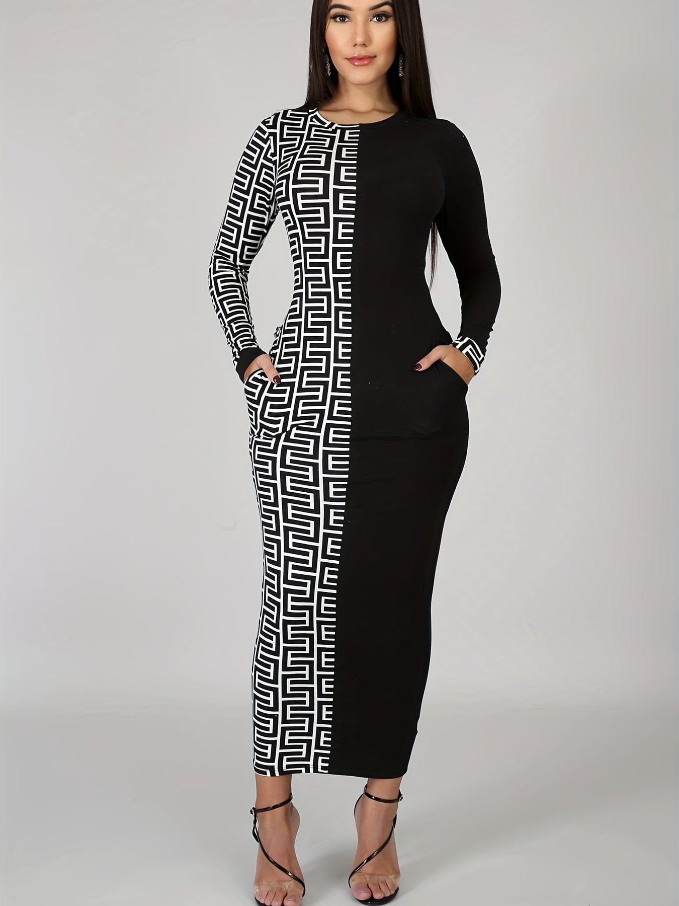 Geo Print Contrast Dress, Elegant Long Sleeve Bodycon Dress, Women's Clothing Alpha C Apparel