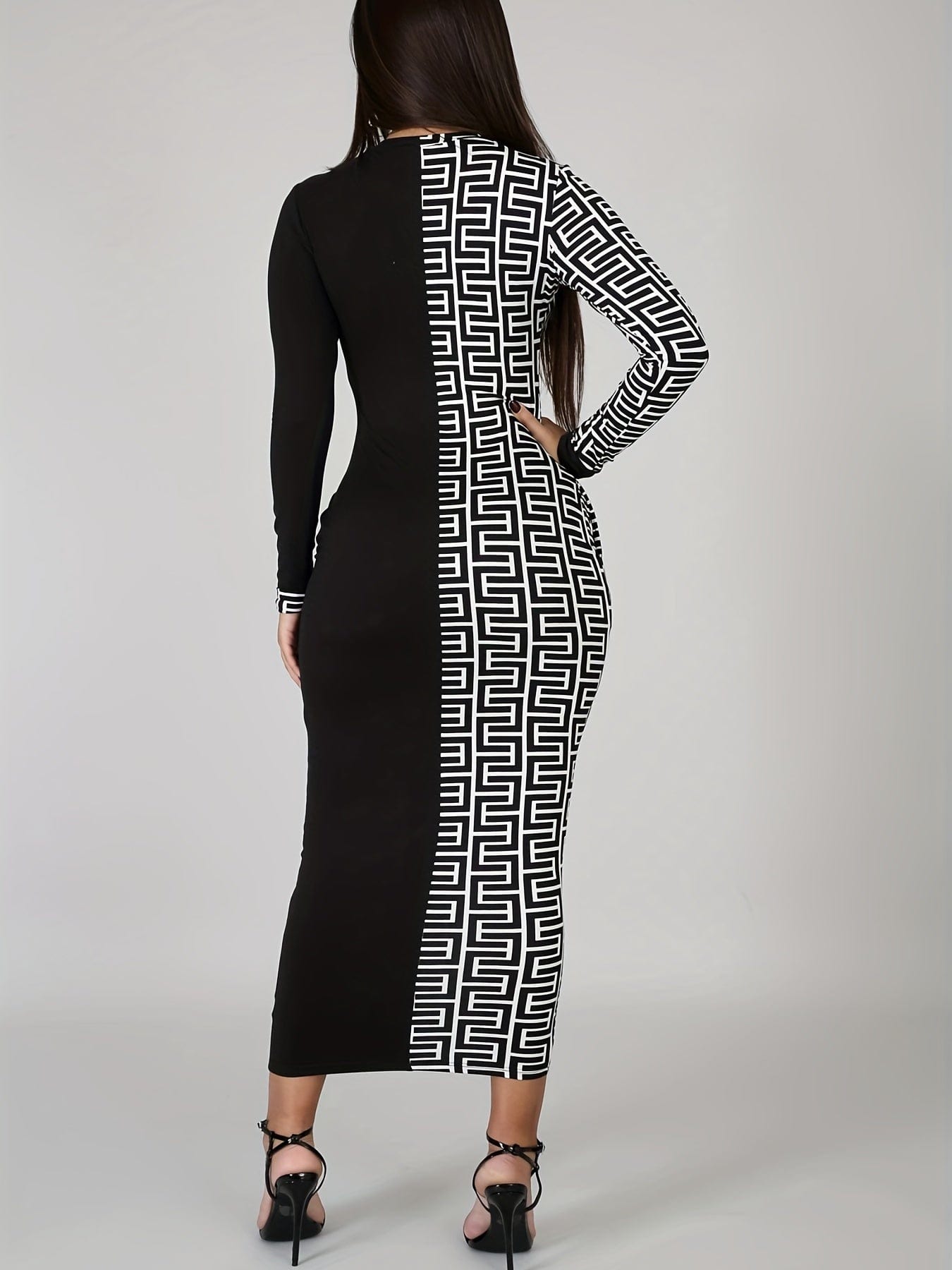 Geo Print Contrast Dress, Elegant Long Sleeve Bodycon Dress, Women's Clothing Alpha C Apparel