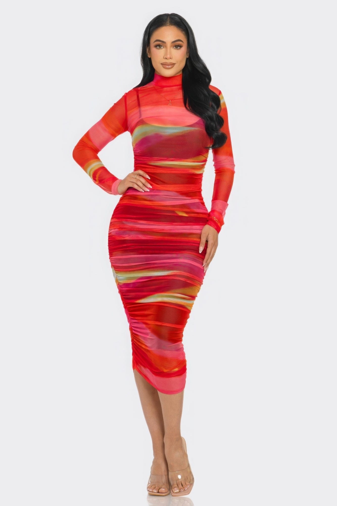 Glitch Print Mesh Ruched Midi Dress Alpha C Apparel