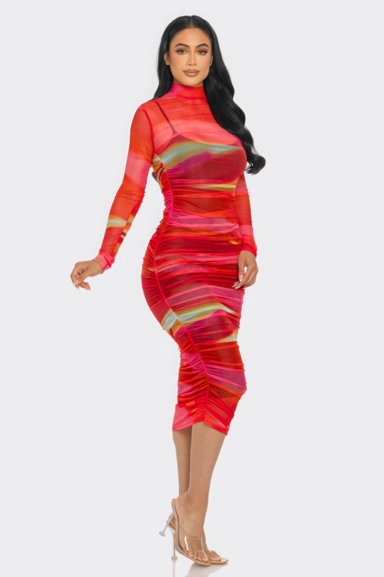 Glitch Print Mesh Ruched Midi Dress Alpha C Apparel