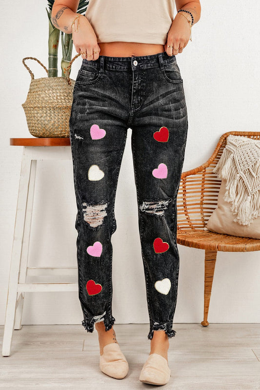 Black Chenille Heart Patch Graphic Ripped Washed Jeans Graphic Jeans Alpha C Apparel Black / 10
