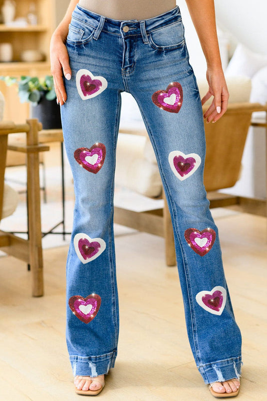 Sky Blue Sequin Heart Shape Graphic Distressed Flare Jeans Graphic Jeans Alpha C Apparel Sky Blue / 10