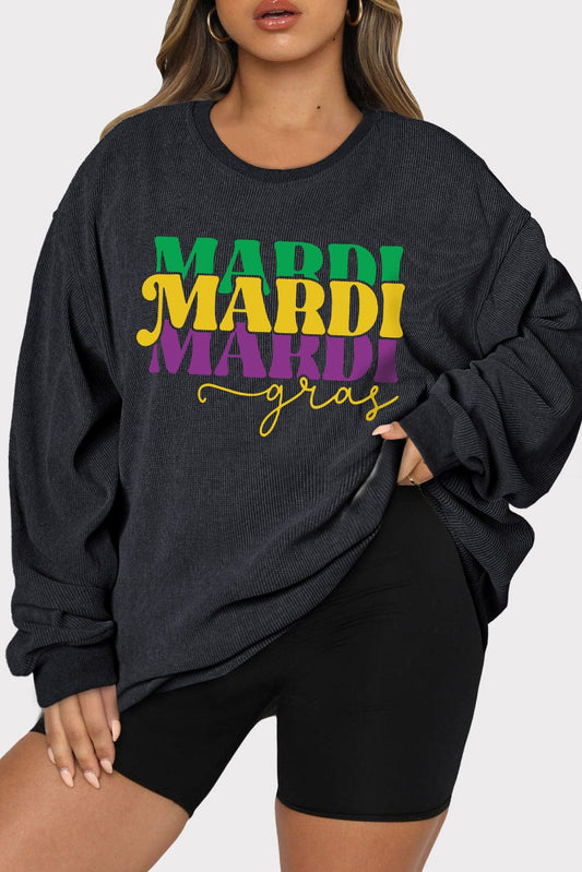 Black Mardi Gras Letter Graphic Plus Size Corded Sweatsihirt Graphic Sweatshirts Alpha C Apparel Black / 1X
