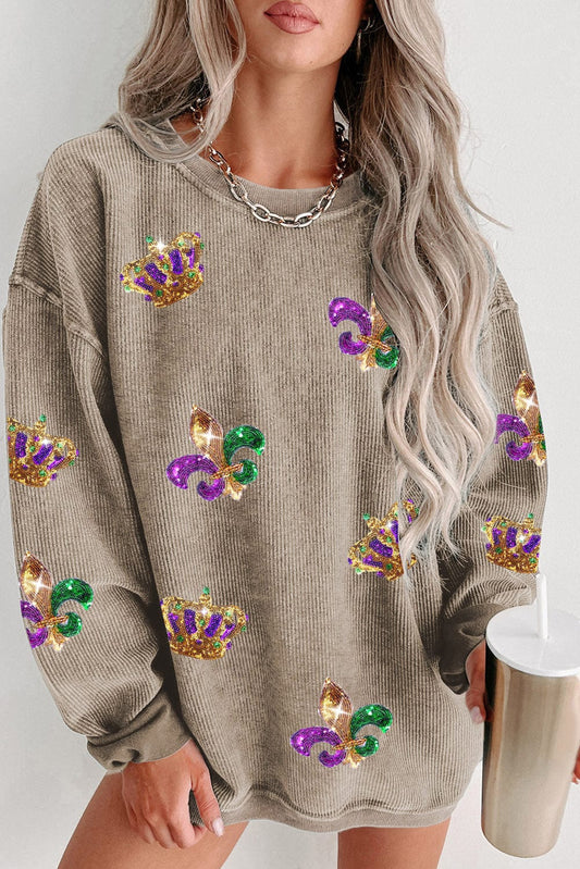Khaki Mardi Gras Sequin Crown Fleur De Lis Graphic Sweatshirt Graphic Sweatshirts Alpha C Apparel Khaki / 2XL