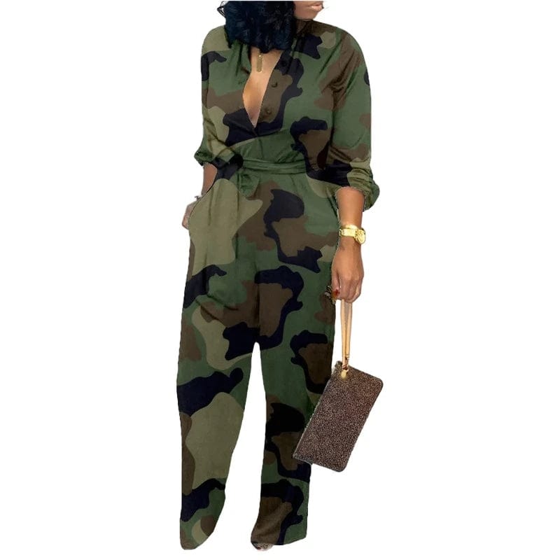 Alpha C Apparel Women V Neck Camouflage Print Buttoned Jumpsuit Alpha C Apparel Green / S