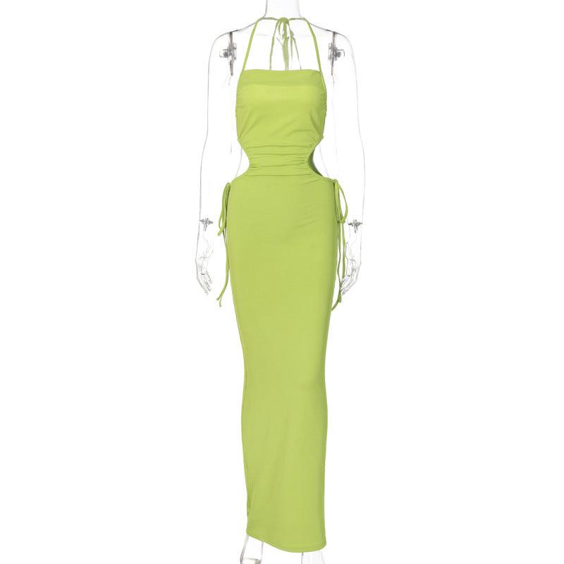 Lace-up Backless Side Cut-out Slim-Fit Halter Dress Alpha C Apparel Green / S