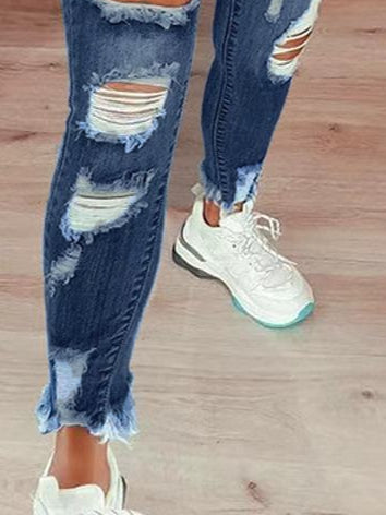 Alpha C High-waisted ripped drawstring denim jeans Jeans Alpha C Apparel