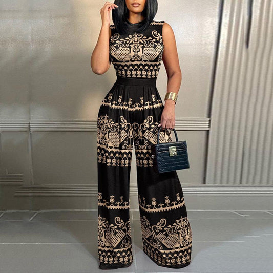 Spring 2023 new European and American cross-border hot sale casual trousers slim print sleeveless women's jumpsuit jumpsuit Alpha C Apparel