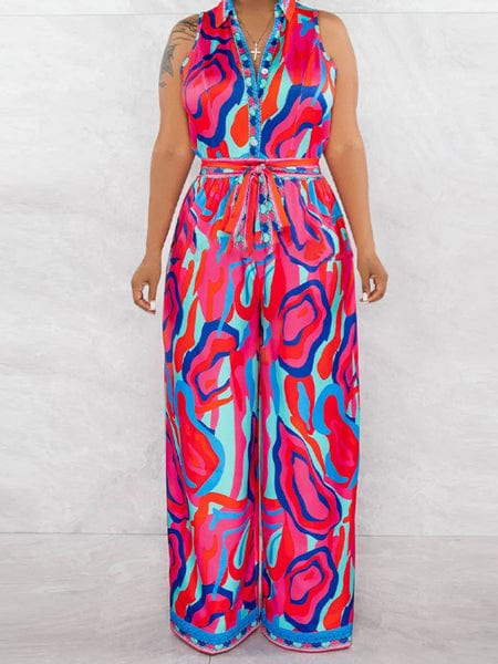 Women's clothing printed sleeveless casual V-neck wide leg jumpsuit HW5SUAN5B4 Jumpsuits Alpha C Apparel 2XL / Magenta