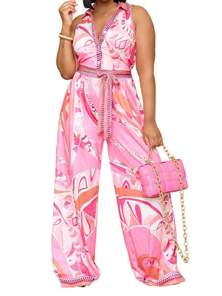 Women's clothing printed sleeveless casual V-neck wide leg jumpsuit HW5SUAN5B4 Jumpsuits Alpha C Apparel 2XL / Pink