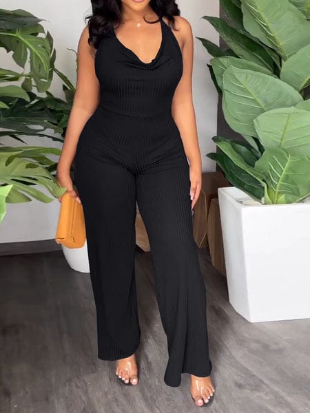 V-Pile Tie - Up Backless Casual Wide-Leg Jumpsuit
 HWUBKQ2MHQ Jumpsuits Alpha C Apparel L / L415 Black