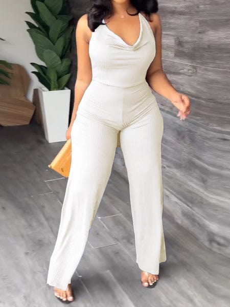 V-Pile Tie - Up Backless Casual Wide-Leg Jumpsuit
 HWUBKQ2MHQ Jumpsuits Alpha C Apparel L / L415 White