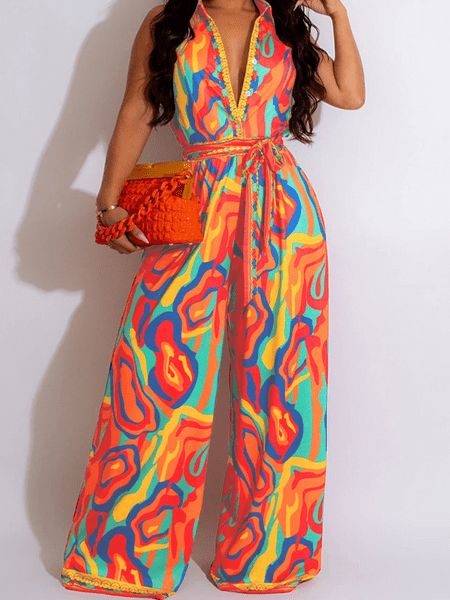 Women's clothing printed sleeveless casual V-neck wide leg jumpsuit HW5SUAN5B4 Jumpsuits Alpha C Apparel L / Orange