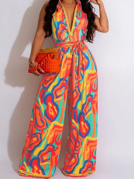 Women's clothing printed sleeveless casual V-neck wide leg jumpsuit HW5SUAN5B4 Jumpsuits Alpha C Apparel L / Orange