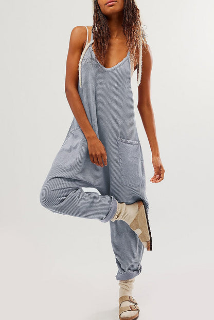 Gray Waffle Knit Spaghetti Strap Pocketed Jumpsuit Jumpsuits & Rompers Alpha C Apparel Gray / S