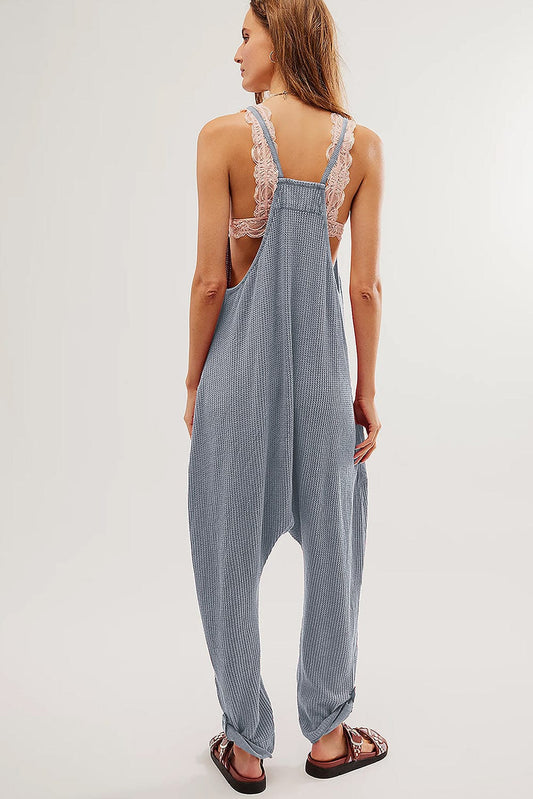 Gray Waffle Knit Spaghetti Strap Pocketed Jumpsuit Jumpsuits & Rompers Alpha C Apparel