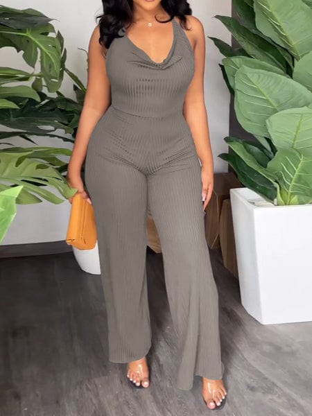 V-Pile Tie - Up Backless Casual Wide-Leg Jumpsuit
 HWUBKQ2MHQ Jumpsuits Alpha C Apparel S / L415 Grey