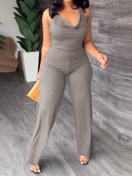 V-Pile Tie - Up Backless Casual Wide-Leg Jumpsuit
 HWUBKQ2MHQ Jumpsuits Alpha C Apparel