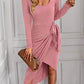 Square Neck Knitted Long Sleeved Dress HWWX6BVR7A Knit Dresses Alpha C Apparel L / Pink