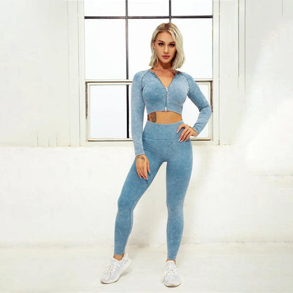 Women Yoga Shorts Set Running Compression Sport Seamless Yoga Set Alpha C Apparel L / long sleeve+pants (light blue)