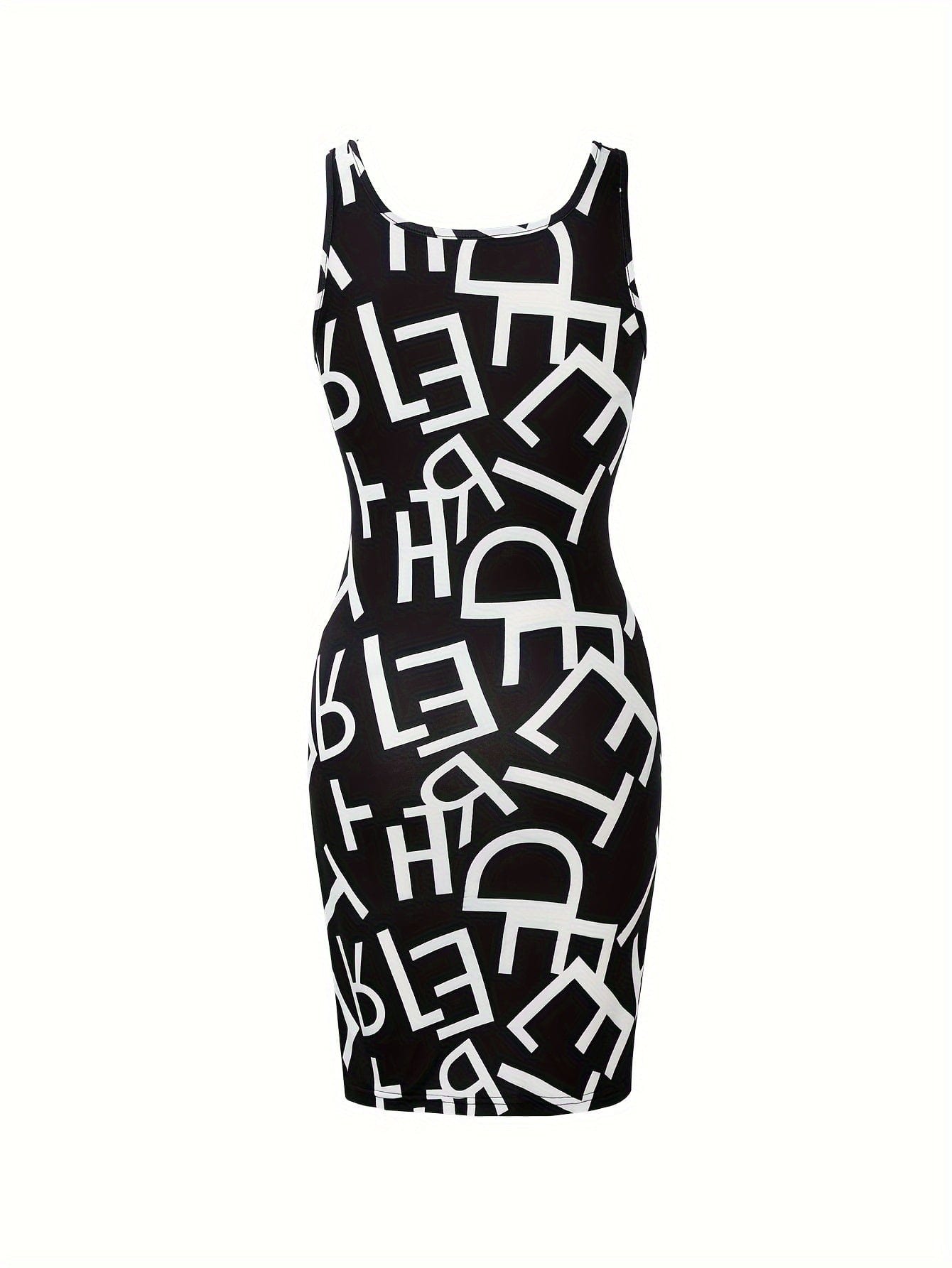 Letter Print Scoop Neck Dress, Y2K Sleeveless Bodycon Tank Dress, Women's Clothing Alpha C Apparel