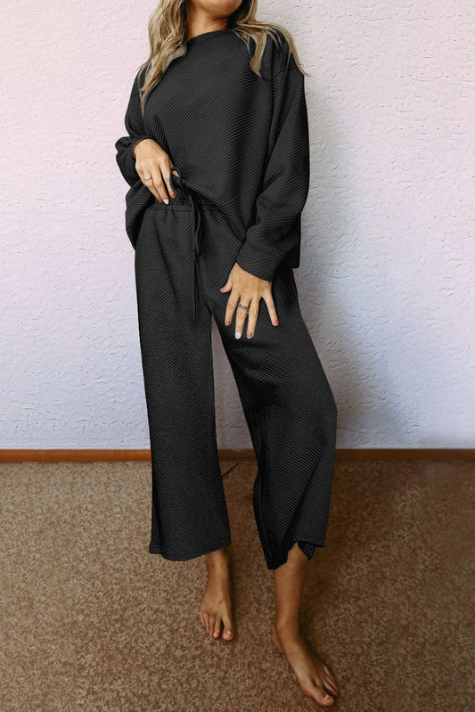 Black Ultra Loose Textured 2pcs Slouchy Outfit Loungewear Alpha C Apparel Black / S / 95%Polyester+5%Elastane