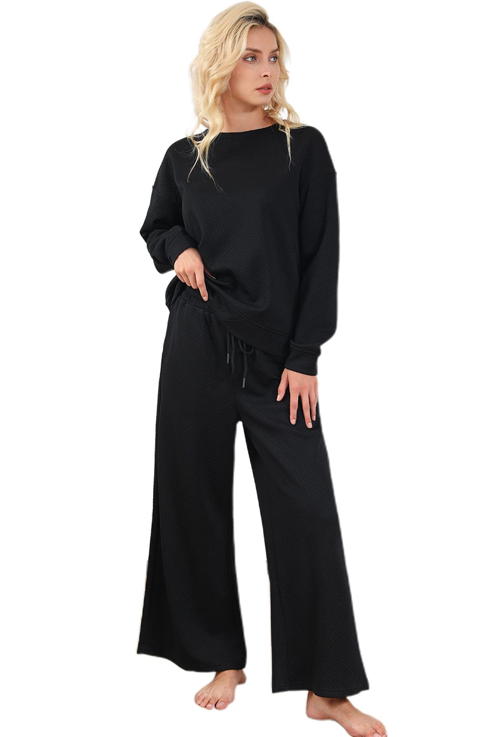 Black Ultra Loose Textured 2pcs Slouchy Outfit Loungewear Alpha C Apparel