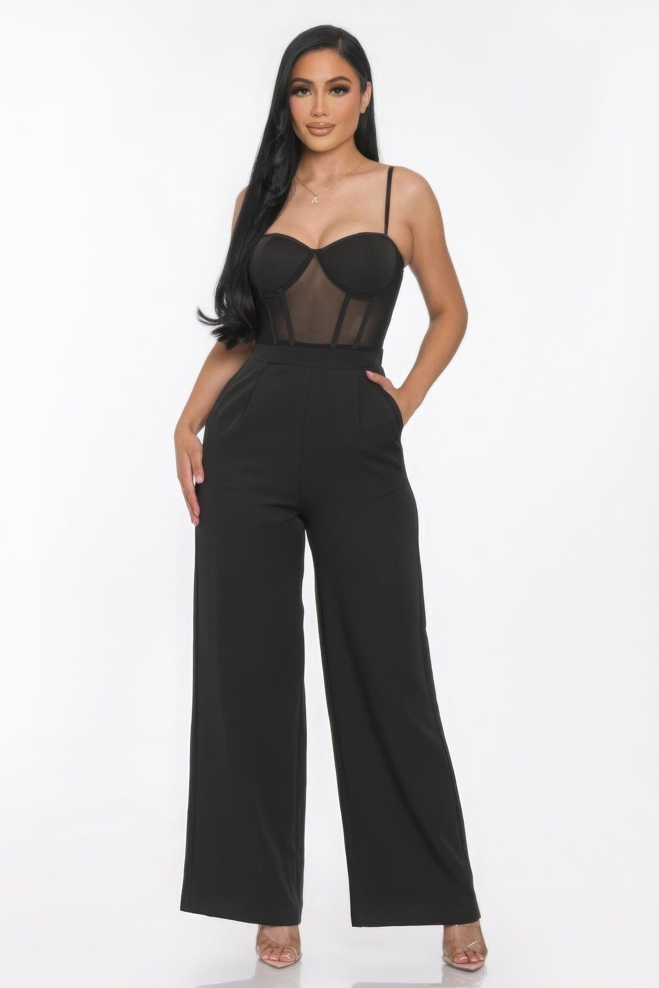 Mesh Insert Cup Wide Leg Jumpsuit Alpha C Apparel