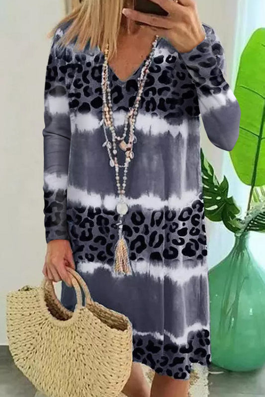Gray Leopard Tie Dye Long Sleeve Shift Midi Dress Midi Dresses Alpha C Apparel Gray / S