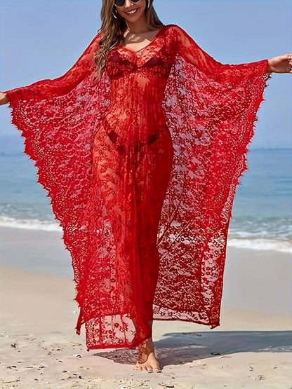 Stunning Lace Beach Kaftan - Sexy, Semi-Sheer Swimwear for Women! Alpha C Apparel One-size / Red