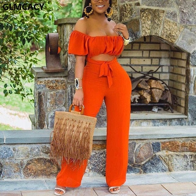 Women Off Shoulder Cut Out Jumpsuit Wide Leg Long Overalls Chic Summer Boho Beach Jumpsuits Alpha C Apparel Orange / XXL