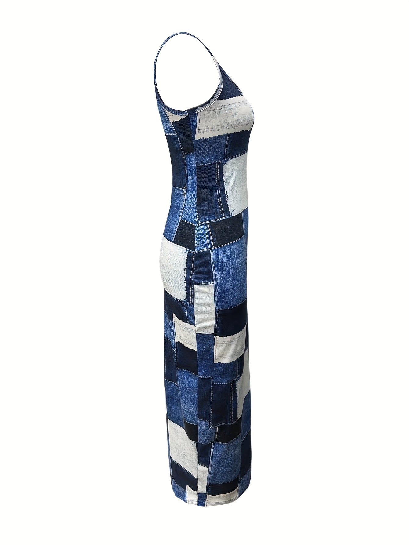 Patchwork Print Bodycon Dress, Elegant Spaghetti Strap Sleeveless Dress, Women's Clothing Alpha C Apparel