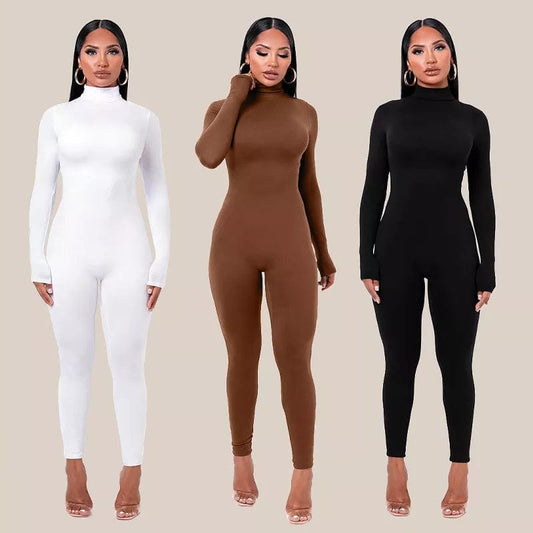 Plain Color Women Rompers 2021 Long Sleeve Solid Turtleneck Skinny Bodycon Jumpsuit Fashion Fitness Casual One Piece Overalls Alpha C Apparel