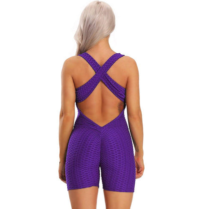 High Waist Women Sleeveless Back Cross Jumpsuit Fitness Gym Wear Alpha C Apparel Purple / S / China