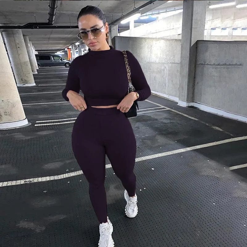 Winter Fitness 2 Two Piece Set Women Lounge wear Long Sleeve Crop Top + Leggings Bodycon Tracksuit Women Outfits Jogging Femme Alpha C Apparel Purple / XS