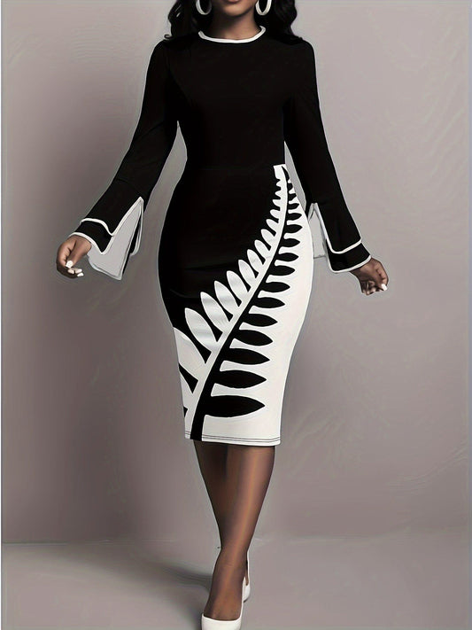 Alpha C Elegant Leaves Print Dress for Women - Perfect for Spring & Fall Alpha C Apparel S(4) / Black