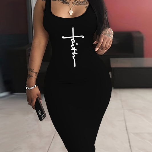 Faith Print Bodycon Tank Dress, Sexy Sleeveless Dress For Spring & Summer, Women's Clothing Alpha C Apparel S(4) / Black