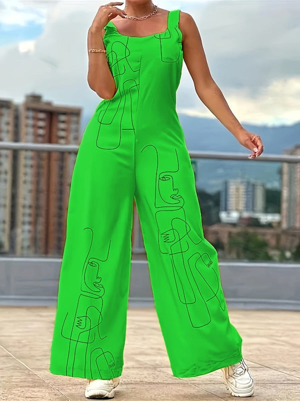 Alpha C Apparel Abstract Print Wide Leg Jumpsuit Sleeveless Spring/Summer Women's Clothing Alpha C Apparel S(4) / Green