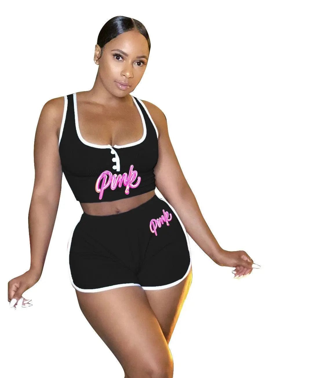 Summer pink 2 piece workout set women stretchy crop top Alpha C Apparel S / Black