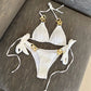 Summer Chain Decoration Hot Girl Hot Bikini Sexy Lace-up Adjustable Swimsuit Beach Swimsuit New White Alpha C Apparel S / White