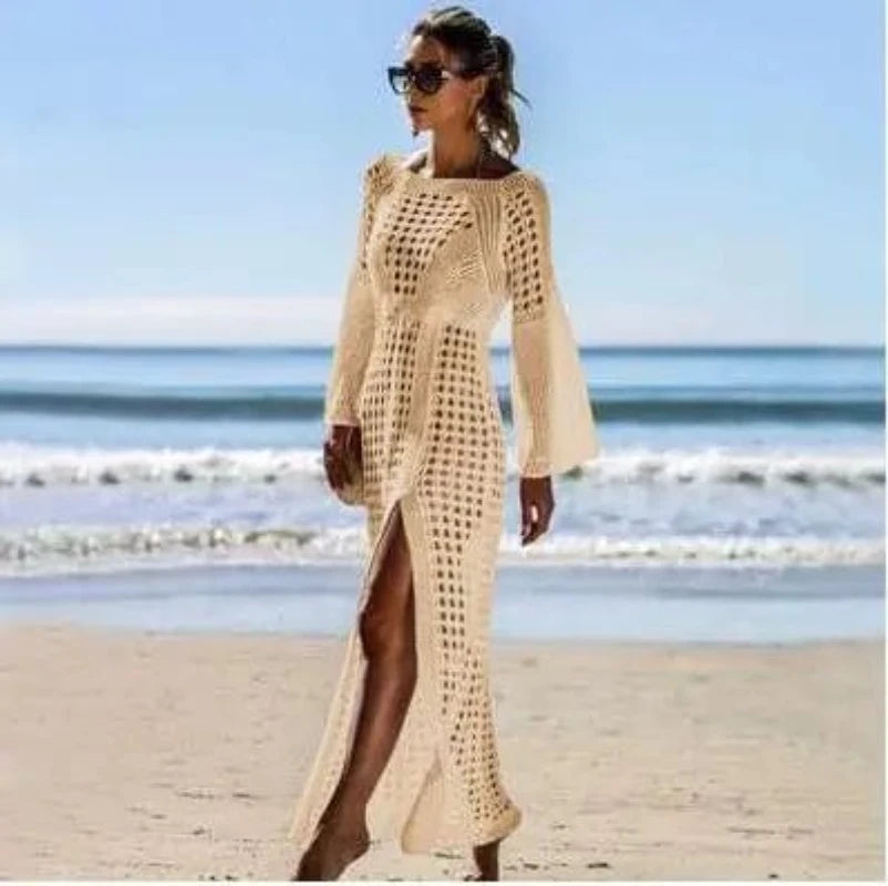 Alpha C Apparel Crochet White Knitted Beach Cover Up Dress Swim Robe Beach wear Alpha C Apparel Size fits all / Beige
