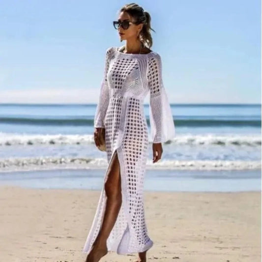 Alpha C Apparel Crochet White Knitted Beach Cover Up Dress Swim Robe Beach wear Alpha C Apparel Size fits all / White