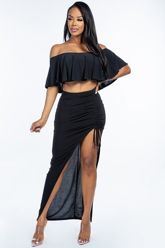 Solid Ity Off The Shoulder Ruffled Cropped Top And Ruched Maxi Skirt Two Piece Set Alpha C Apparel