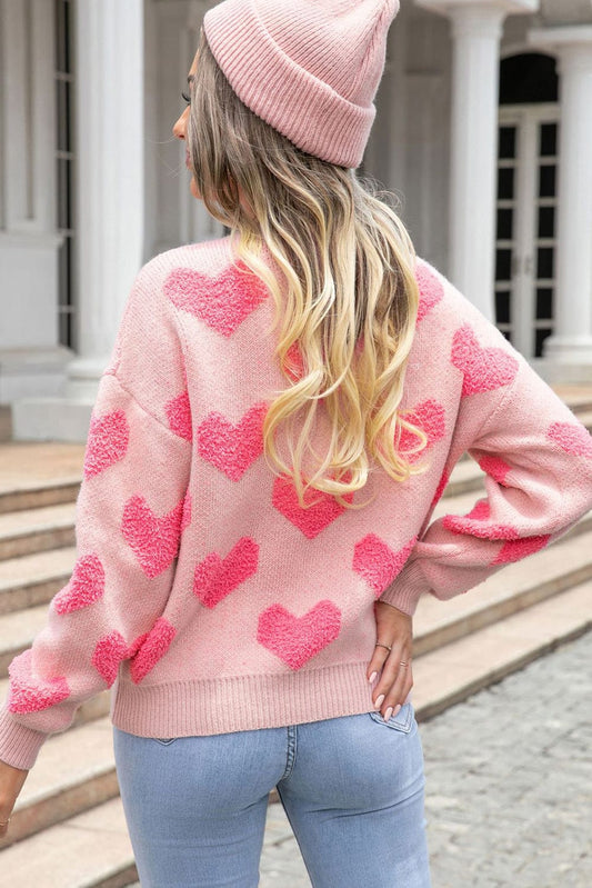 Light Pink Valentines Day Heart Jacquard Knit Sweater Sweaters Alpha C Apparel
