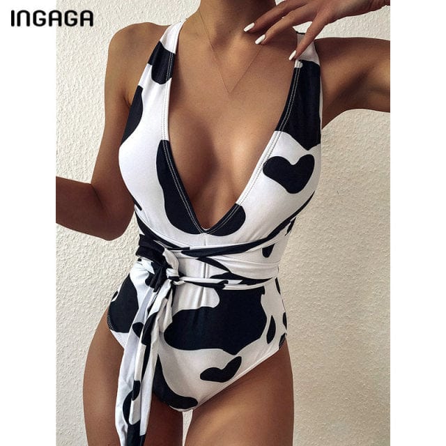 INGAGA 2021 Sexy Plunging Swimsuit One Piece High Cut Swimwear Women Cross Bandage Beachwear Summer Backless Bathing Suit Women swimwear Alpha C Apparel B3440 / M