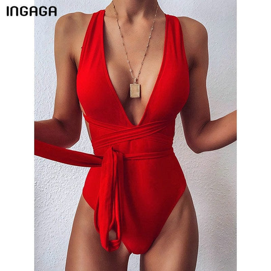 INGAGA 2021 Sexy Plunging Swimsuit One Piece High Cut Swimwear Women Cross Bandage Beachwear Summer Backless Bathing Suit Women swimwear Alpha C Apparel