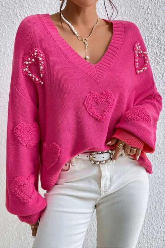 Rose Red Pearl Embellished Fuzzy Hearts V Neck Sweater Tops Alpha C Apparel