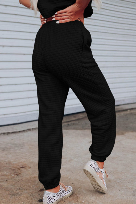 Alpha C Black Textured Cropped Tee and Jogger Pants Set Two Piece Pants Sets Alpha C Apparel